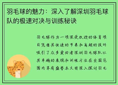 羽毛球的魅力：深入了解深圳羽毛球队的极速对决与训练秘诀